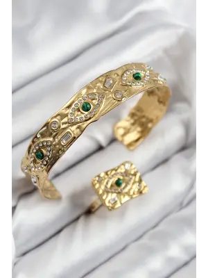 Pirinç Zirkon Taşlı Göz Model Gold Renk Bileklik Yüzük Set