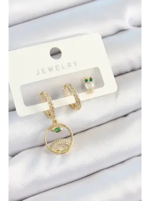 Pirinç Zirkon Taşlı Göz Ve Baykuş Model Gold Renk 3lü Çift Kadın Küpe Set