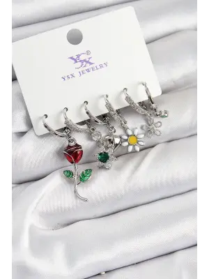 Pirinç Zİrkon Taşlı Gül Ve Papatya Model Gümüş Renk 3lü Çift Kadın Küpe