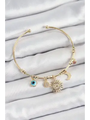 Pirinç Zirkon Taşlı Güneş Ay Nazar Model Gold Renk Charm Bileklik