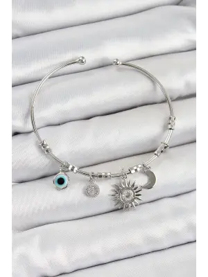 Pirinç Zirkon Taşlı Güneş Ay Ve Nazar Model Gümüş Renk Charm Bileklik