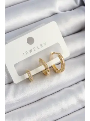 Pirinç Zirkon Taşlı Halka Model Gold Renk 3lü Çift Kadın Küpe Set