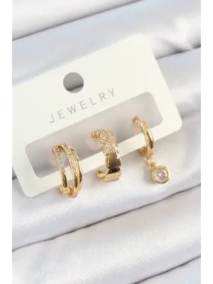 Pirinç Zirkon Taşlı Halka Model Gold Renk 3lü Çift Kadın Küpe Set