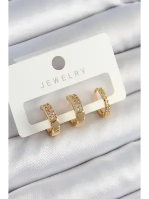 Pirinç Zirkon Taşlı Halka Model Gold Renk 3lü Çift Kadın Küpe Set