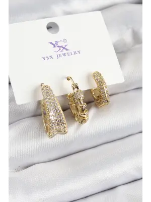 Pirinç Zİrkon Taşlı Halka Model Gold Renk 3lü Kadın Küpe