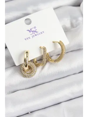 Pirinç Zİrkon Taşlı Halka Model Gold Renk 3lü Kadın Küpe