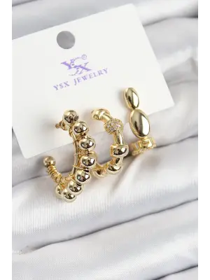 Pirinç Zİrkon Taşlı Halka Model Gold Renk 3lü Kadın Küpe
