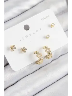 Pirinç Zirkon Taşlı Halka Model Gold Renk 925 Ayar Gümüş Çivi Kadın Küpe Set
