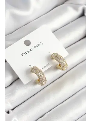 Pirinç Zirkon Taşlı Halka Model Gold Renk Kadın Küpe