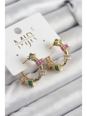 Pirinç Zirkon Taşlı Halka Model Gold Renk Kadın Küpe