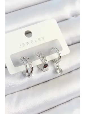 Pirinç Zirkon Taşlı Halka Model Gümüş Renk 3lü Çift Kadın Küpe Set