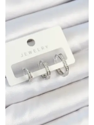 Pirinç Zirkon Taşlı Halka Model Gümüş Renk 3lü Çift Kadın Küpe Set