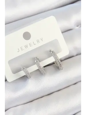 Pirinç Zirkon Taşlı Halka Model Gümüş Renk 3lü Çift Kadın Küpe Set