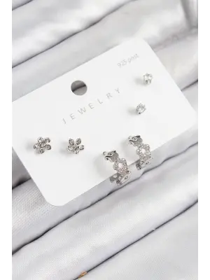 Pirinç Zirkon Taşlı Halka Model Gümüş Renk 925 Ayar Gümüş Çivi Kadın Küpe Set