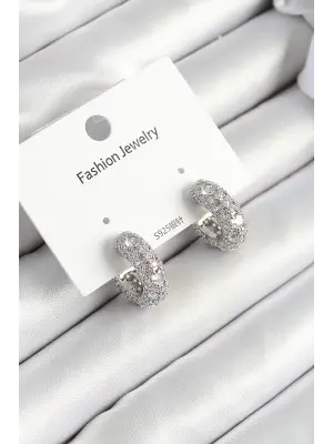 Pirinç Zirkon Taşlı Halka Model Gümüş Renk Kadın Küpe