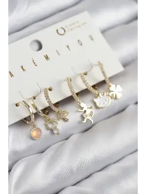 Pirinç Zirkon Taşlı Hello Kity Ve Yonca Model Gold Renk 6lı Küpe Set