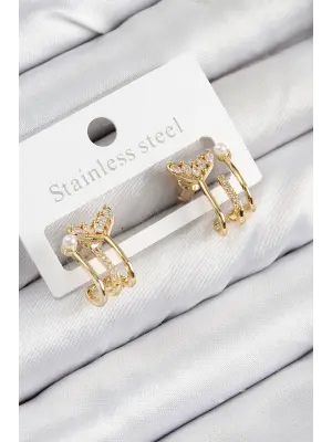 Pirinç Zirkon Taşlı İnci Detaylı Balık Kuyruğu Model Gold Renk Kadın Küpe