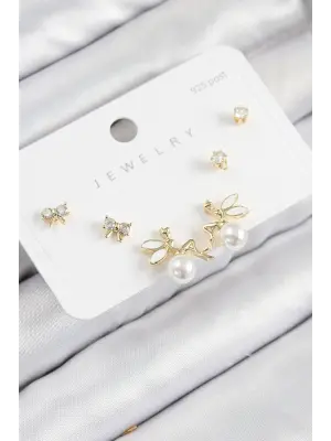 Pirinç Zirkon Taşlı İnci Melek Model Gold Renk 925 Ayar Gümüş Çivi Kadın Küpe Set