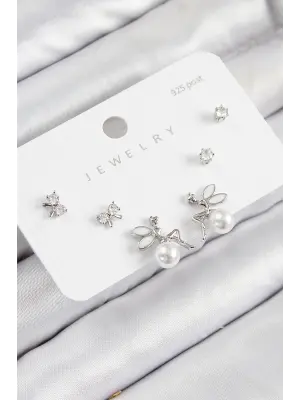 Pirinç Zirkon Taşlı İnci Melek Model Gümüş Renk 925 Ayar Gümüş Çivi Kadın Küpe Set