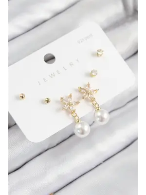 Pirinç Zirkon Taşlı İnci Sallantılı Çiçek Model Gümüş Renk 925 Ayar Gümüş Çivi Kadın Küpe Set