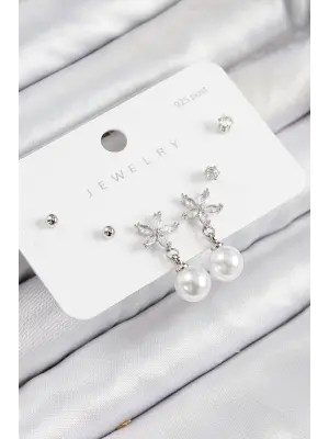Pirinç Zirkon Taşlı İnci Sallantılı Çiçek Model Gümüş Renk 925 Ayar Gümüş Çivi Kadın Küpe Set