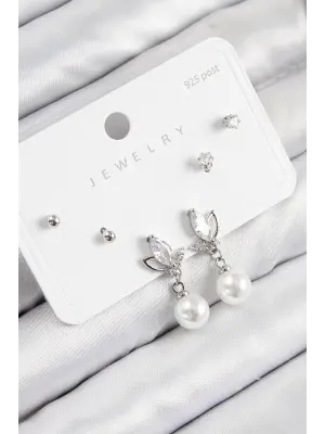 Pirinç Zirkon Taşlı İnci Sallantılı Damla Model Gümüş Renk 925 Ayar Gümüş Çivi Kadın Küpe Set