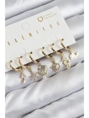 Pirinç Zirkon Taşlı İstiridye Balina Ve Yıldız Gold Renk 6lı Küpe Set