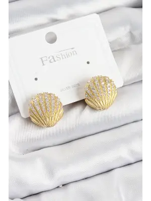 Pirinç Zirkon Taşlı İstiridye Model Gold Renk 925 Ayar Gümüş Çivi Kadın Küpe