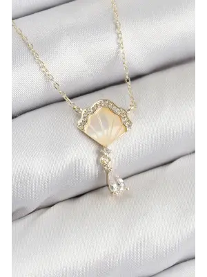 Pirinç Zirkon Taşlı İstiridye Model Gold Renk Kadın Kolye
