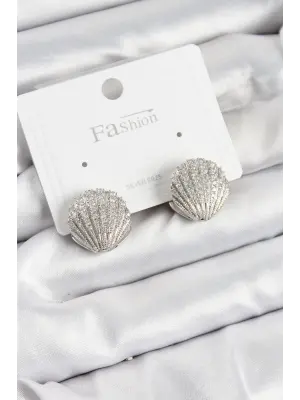 Pirinç Zirkon Taşlı İstiridye Model Gümüş Renk 925 Ayar Gümüş Çivi Kadın Küpe