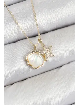 Pirinç Zirkon Taşlı İstiridye Ve Deniz Yıldızı Model Gold Renk Kadın Kolye