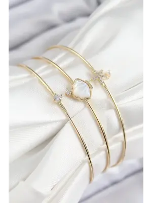 Pirinç Zirkon Taşlı İstiridye Ve Deniz Yıldızı Model Gold Renk Vip 3lü Kadın Bileklik