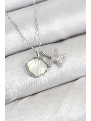 Pirinç Zirkon Taşlı İstiridye Ve Deniz Yıldızı Model Gümüş Renk Kadın Kolye