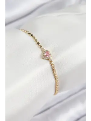 Pirinç Zirkon Taşlı Kalp Model Ezme Zincir Gold Renk Kadın Bileklik