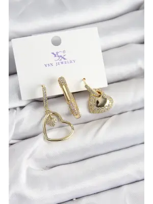 Pirinç Zİrkon Taşlı Kalp Model Gold Renk 3lü Kadın Küpe