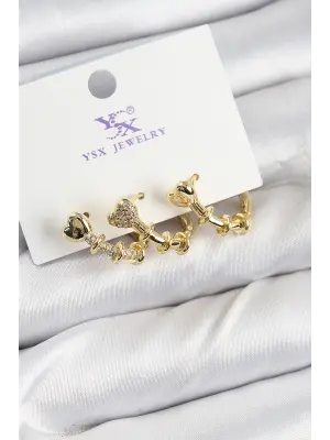 Pirinç Zİrkon Taşlı Kalp Model Gold Renk 3lü Kadın Küpe