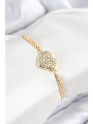 Pirinç Zirkon Taşlı Kalp Model Gold Renk Asansörlü Kadın Bileklik