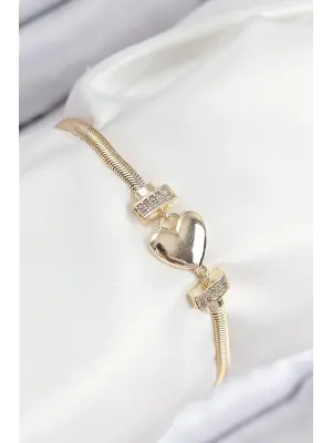 Pirinç Zirkon Taşlı Kalp Model Gold Renk Kadın Bileklik