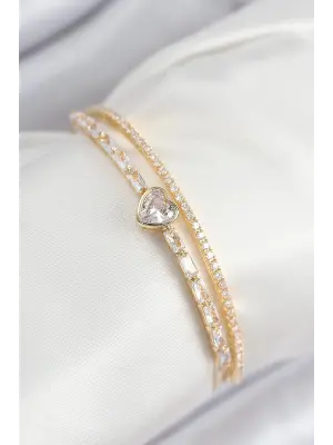 Pirinç Zirkon Taşlı Kalp Model Gold Renk Kadın Bileklik