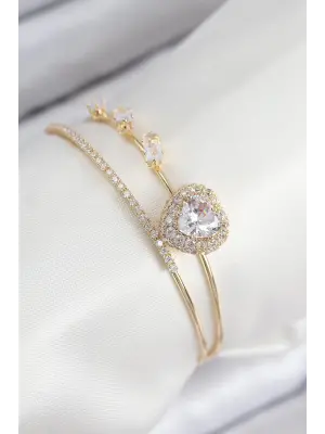 Pirinç Zirkon Taşlı Kalp Model Gold Renk Kadın Bileklik