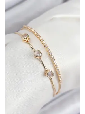 Pirinç Zirkon Taşlı Kalp Model Gold Renk Kadın Bileklik