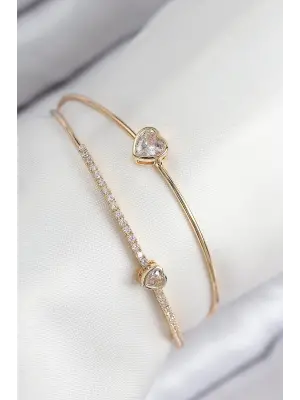 Pirinç Zirkon Taşlı Kalp Model Gold Renk Kadın Bileklik