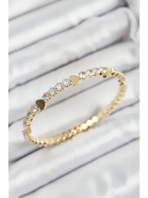 Pirinç Zirkon Taşlı Kalp Model Gold Renk Yaylı Kadın Bileklik
