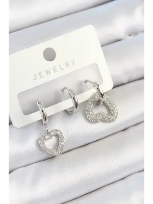 Pirinç Zirkon Taşlı Kalp Model Gümüş Renk 3lü Çift Kadın Küpe Set