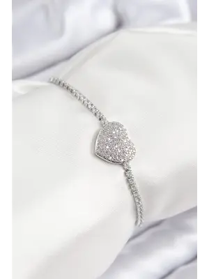 Pirinç Zirkon Taşlı Kalp Model Gümüş Renk Asansörlü Kadın Bileklik