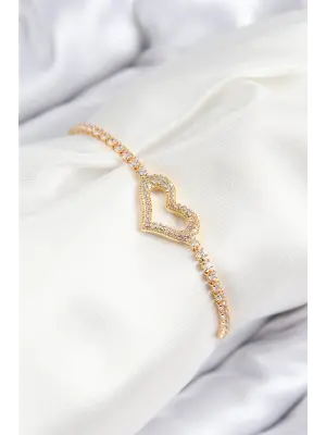 Pirinç Zirkon Taşlı Kalp Model Gümüş Renk Asansörlü Kadın Bileklik