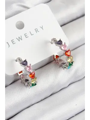 Pirinç Zirkon Taşlı Kalp Model Gümüş Renk Kadın Küpe