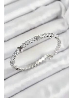 Pirinç Zirkon Taşlı Kalp Model Gümüş Renk Yaylı Kadın Bileklik