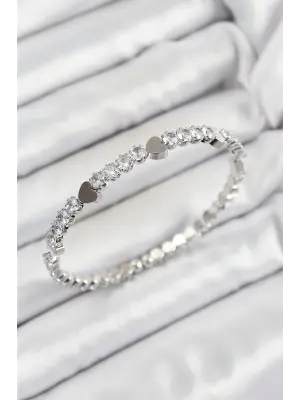 Pirinç Zirkon Taşlı Kalp Model Gümüş Renk Yaylı Kadın Bileklik