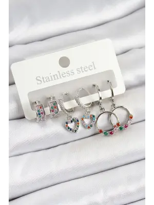 Pirinç Zirkon Taşlı Kalp Ve Halka Model Gold Renk 6lı Set Kadın Küpe